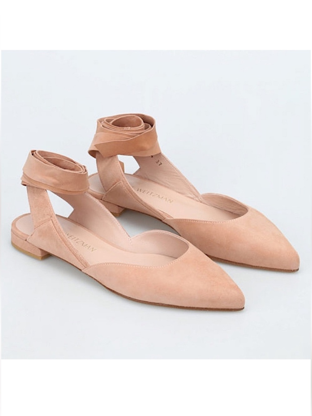 Stuart Weitzman Supersonic Suede Ballet Flats-Pointed Toe Ankle Tie Dusty Pink